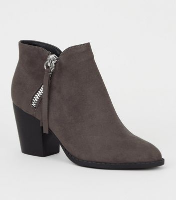 Grey Suedette Zip Tassel Block Heel Boots | New Look
