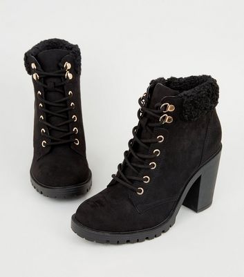 teddy trim lace up boots