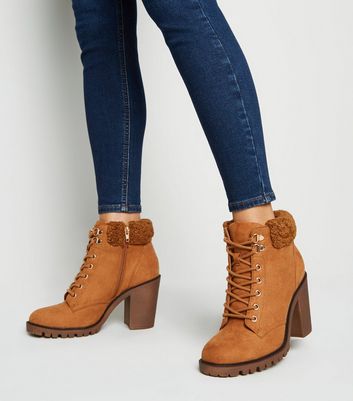 Tan Teddy Trim Block Heel Lace Up Boots 