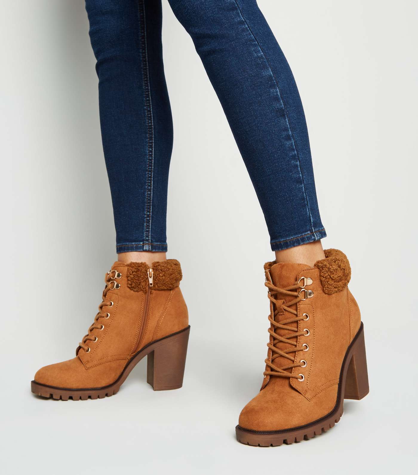 Tan Teddy Trim Block Heel Lace Up Boots Image 2