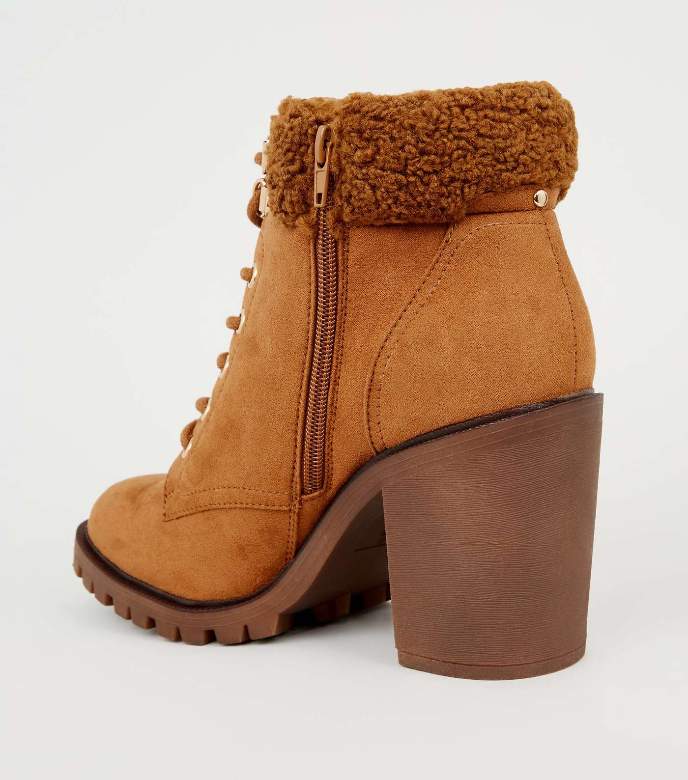 Tan Teddy Trim Block Heel Lace Up Boots Image 4