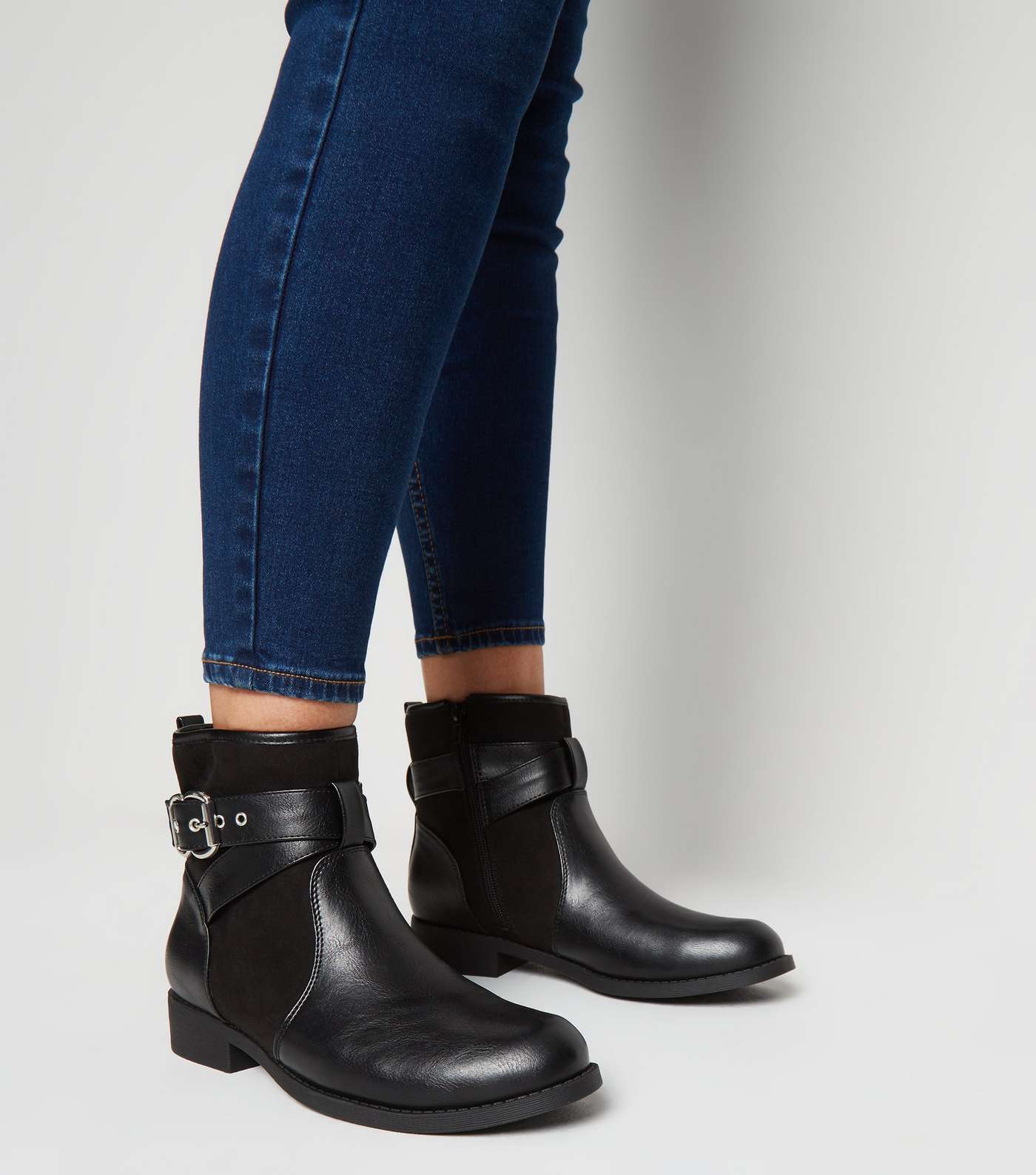 Black Faux Shearling Lined Biker Boots Image 2
