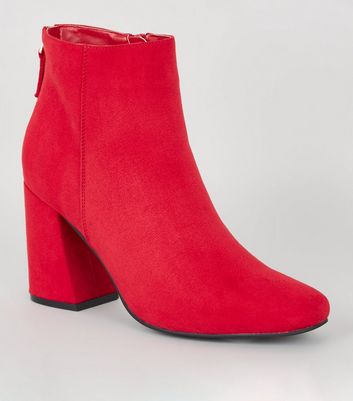 Red Suedette Square Toe Ankle Boots 