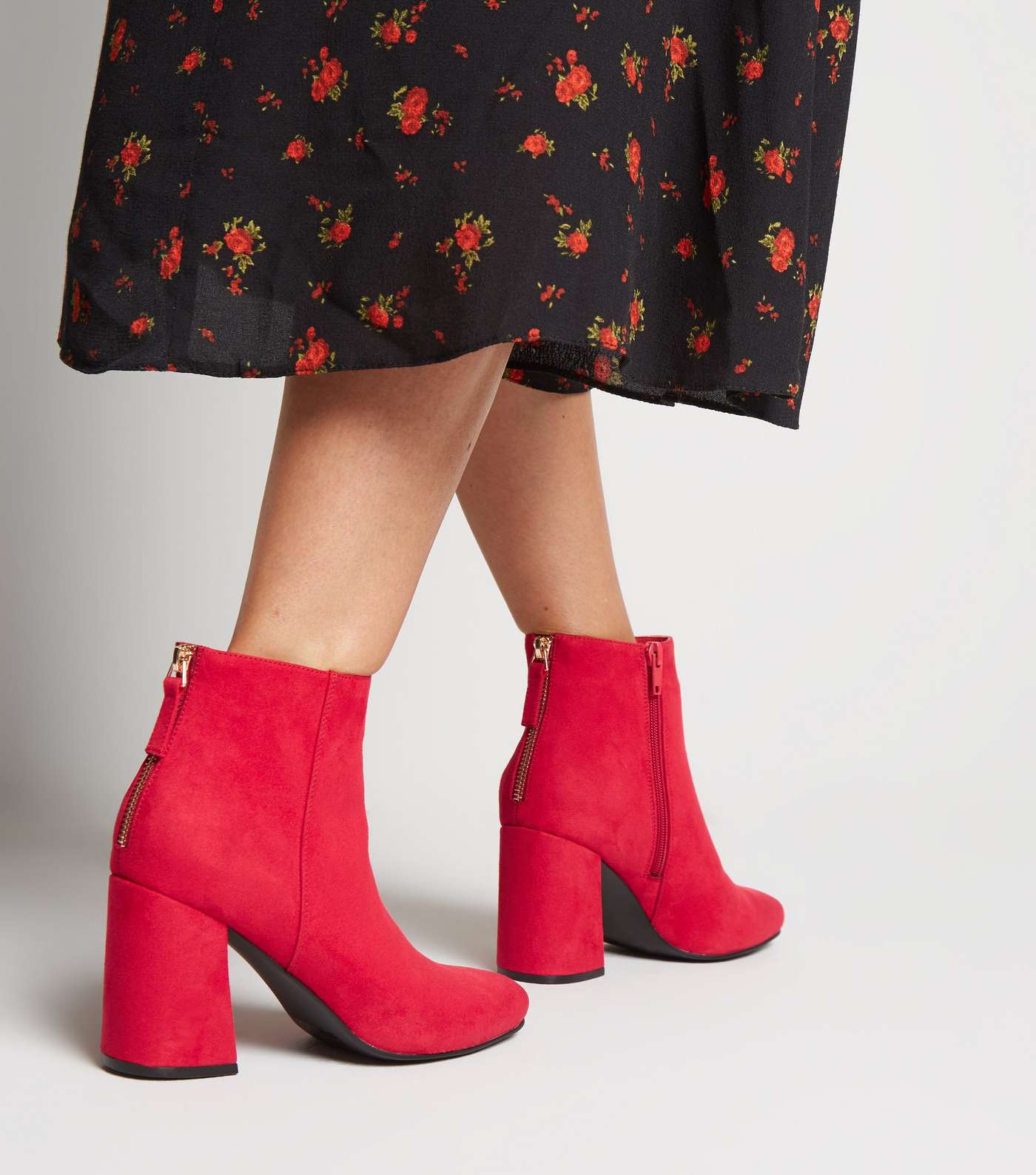 Red Suedette Square Toe Ankle Boots Image 2