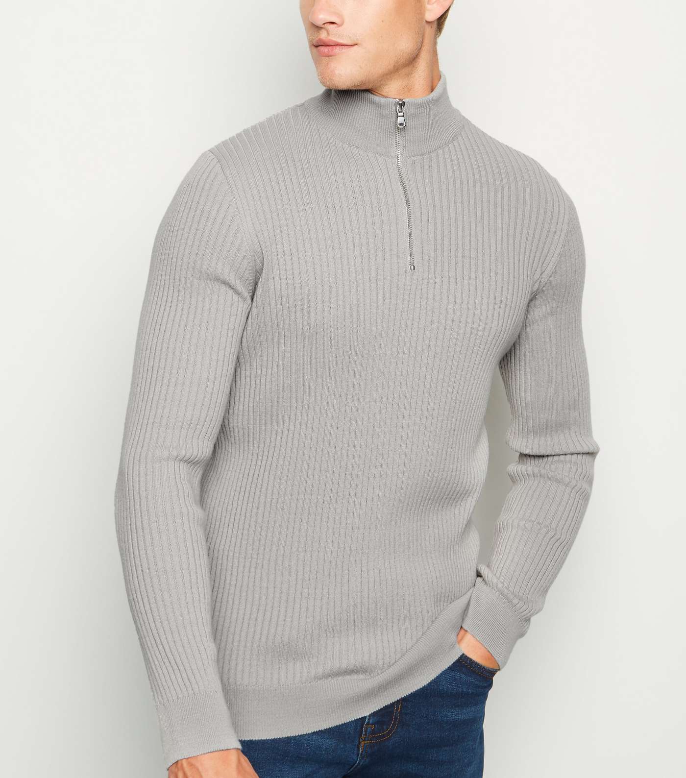 Grey Ribbed Muscle Fit Jumper