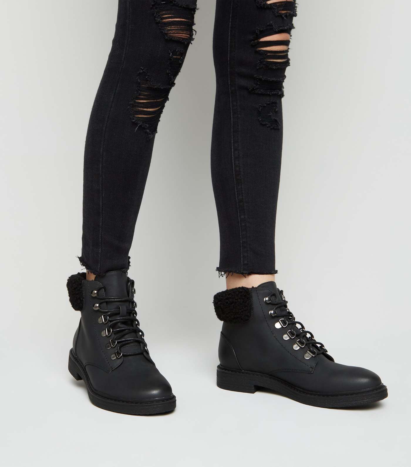 Girls Black Teddy Trim Lace Up Boots Image 2