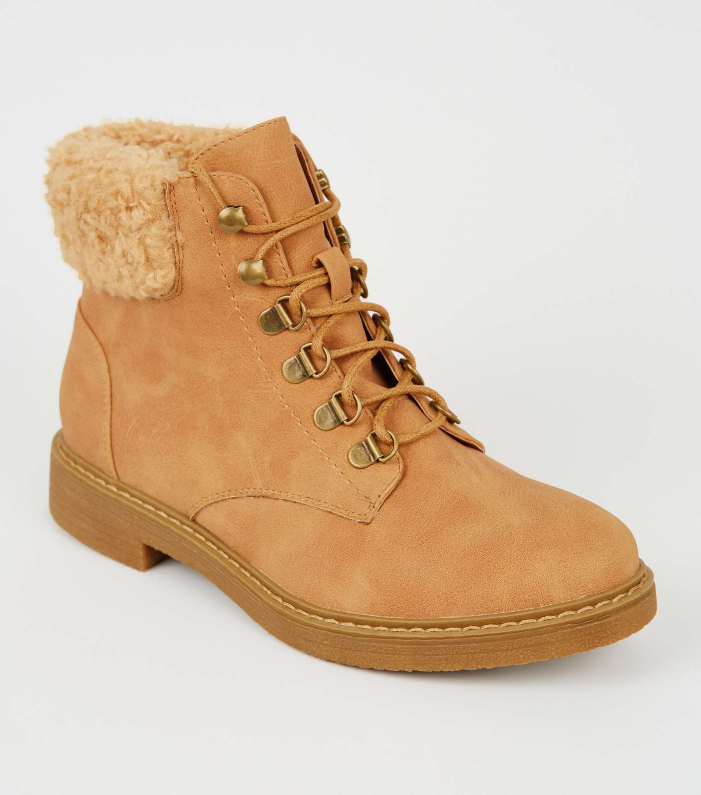 Girls Tan Teddy Trim Lace Up Boots