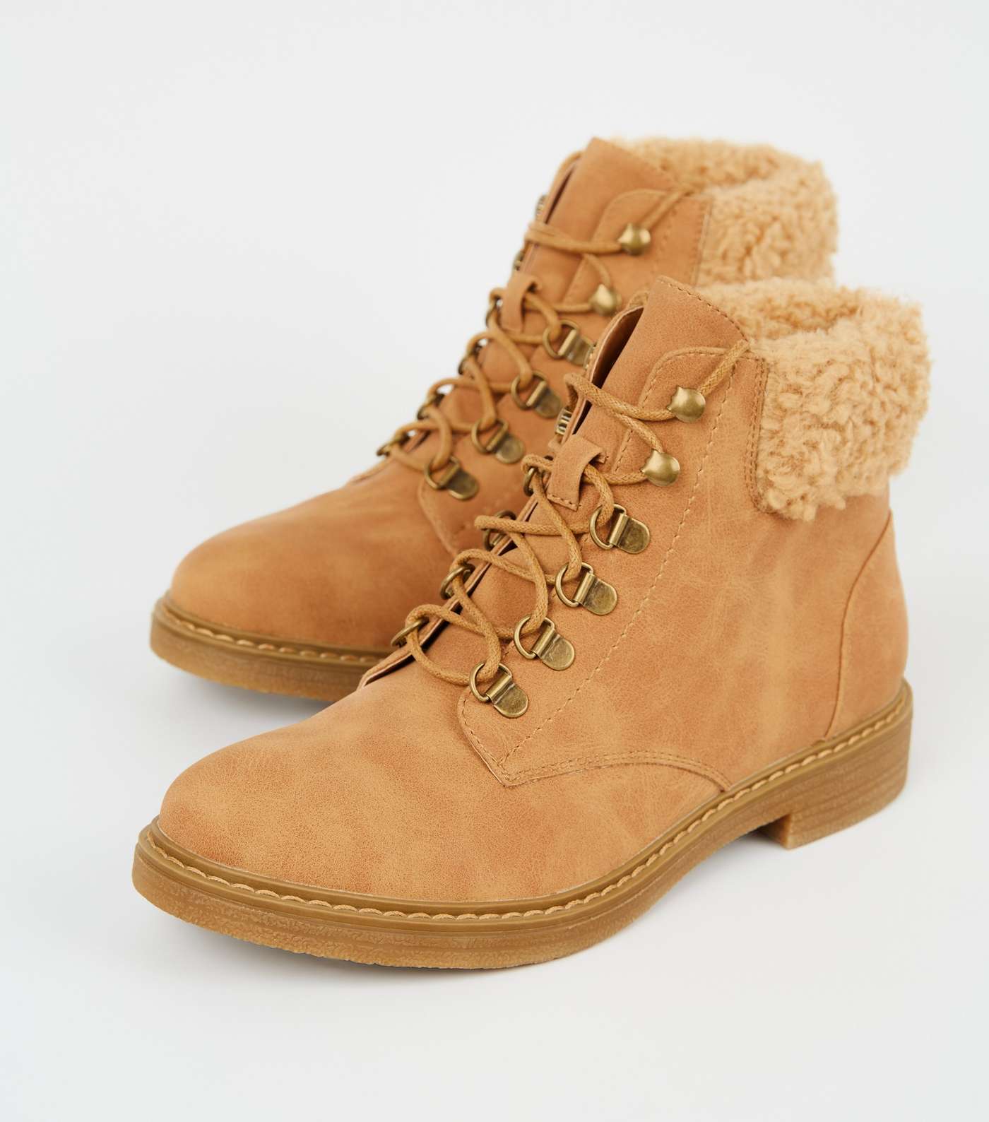 Girls Tan Teddy Trim Lace Up Boots Image 3