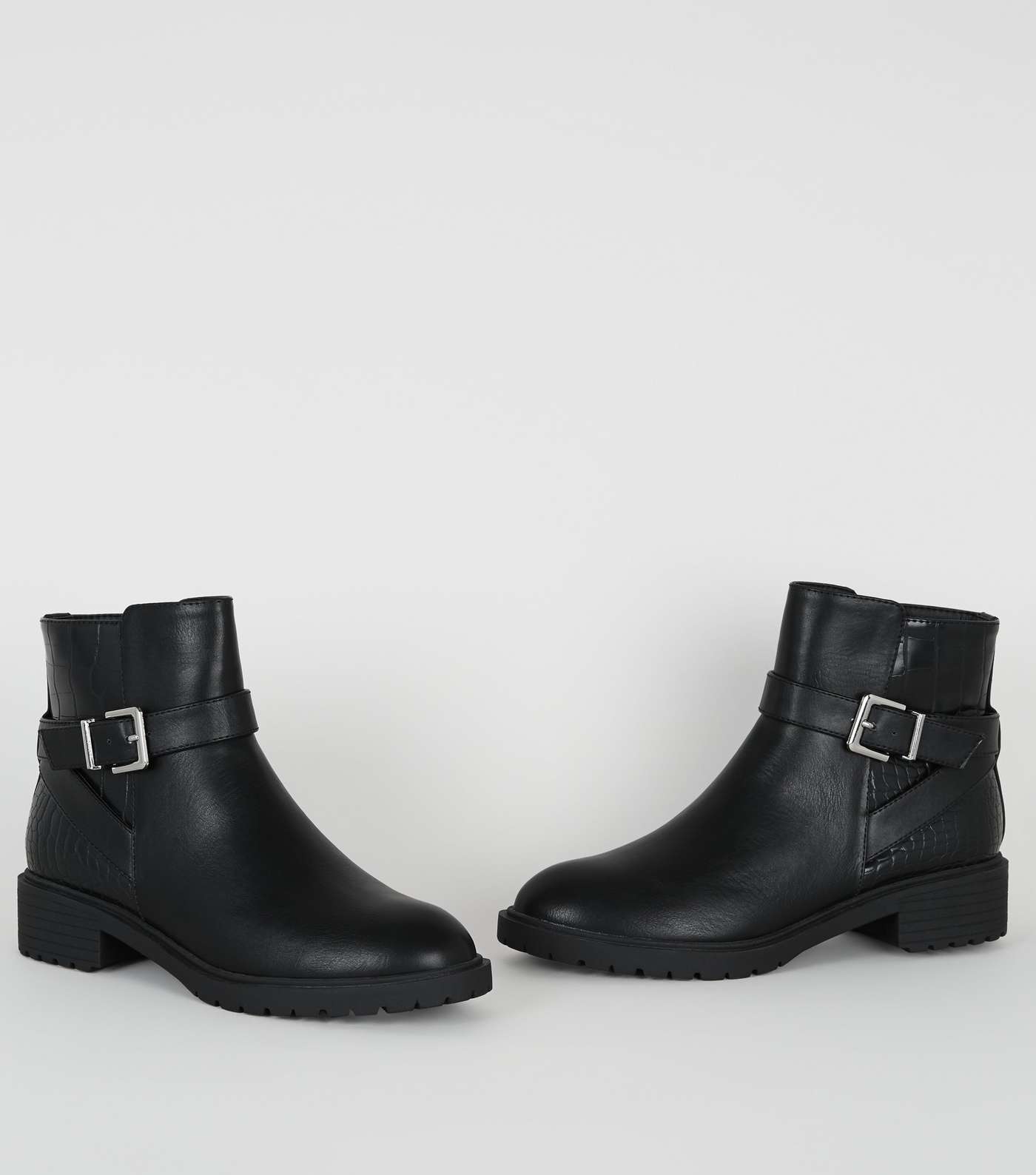 Girls Black Faux Croc Panel Chunky Boots Image 3