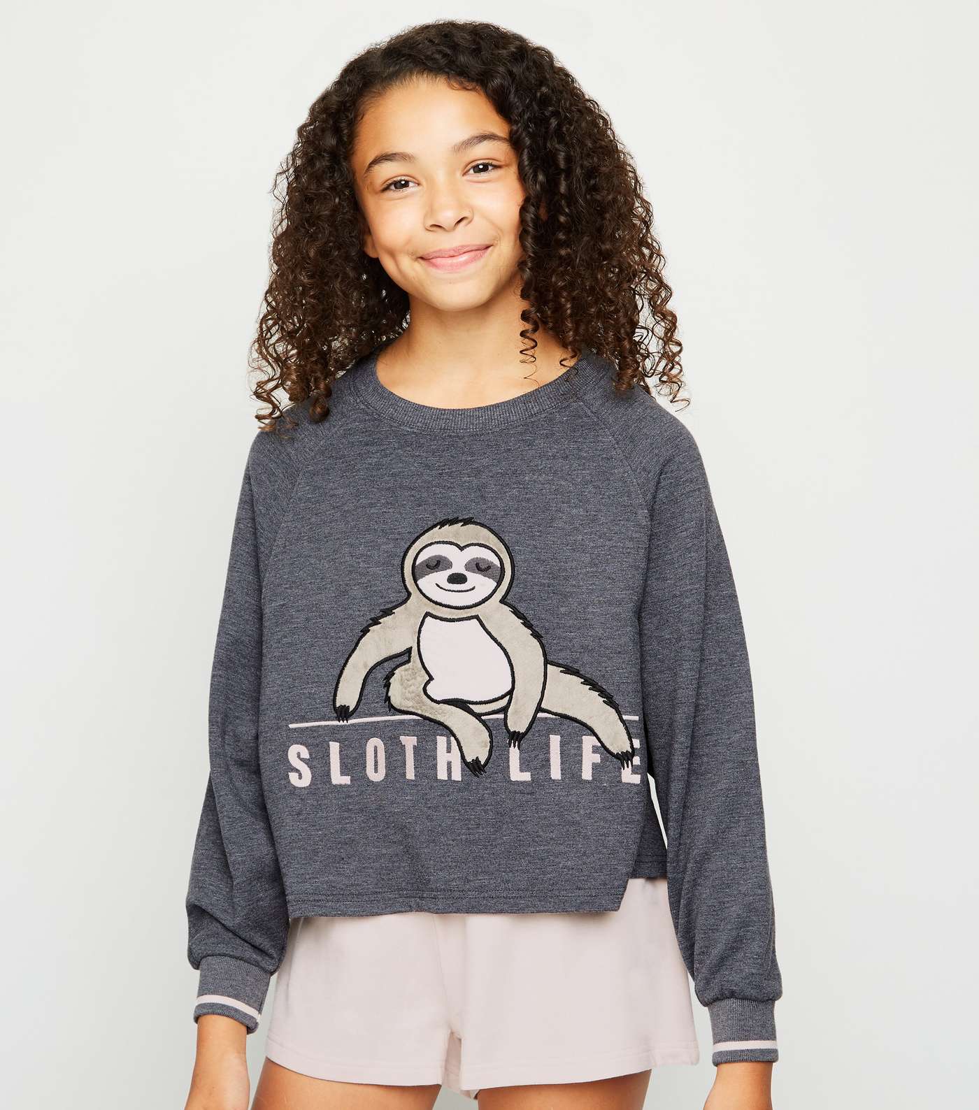 Girls Light Grey Sloth Slogan Pyjama Set