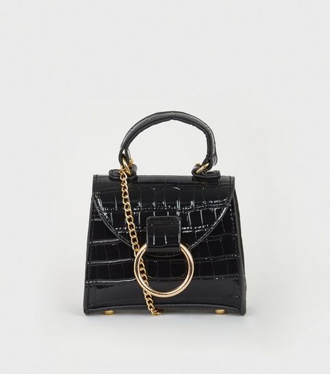 Black Faux Croc Top Handle Mini Bag