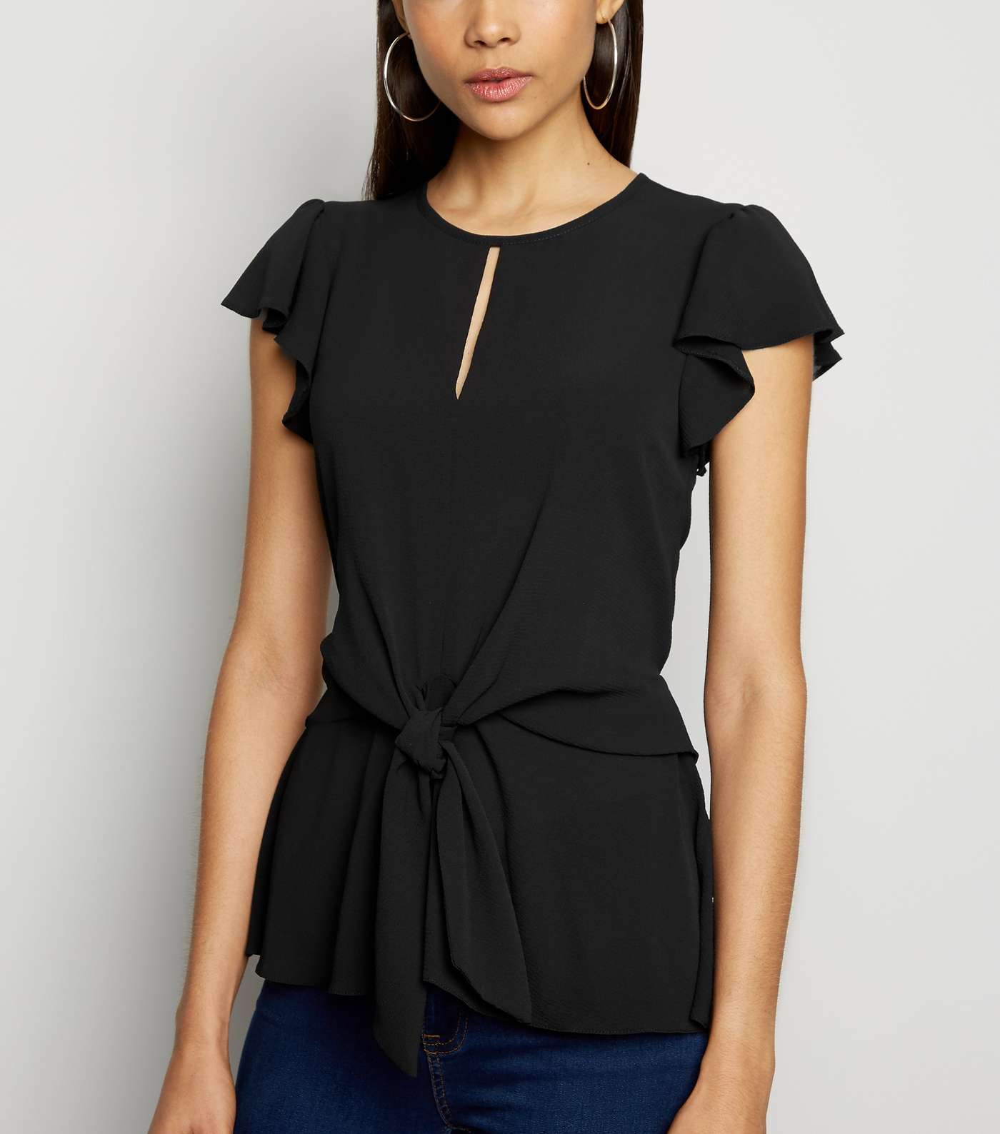 Black Frill Tie Front Top