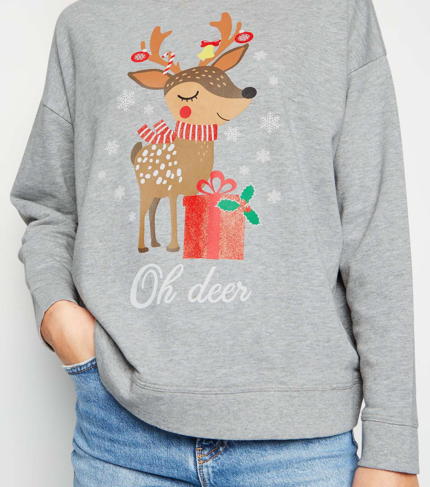 Grey Christmas Oh Deer Slogan Sweatshirt Image 5