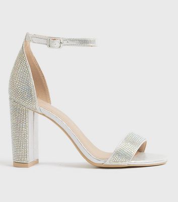 Quiz Shimmer Diamante Cross Strap Block Heeled Sandals - Silver | very.co.uk