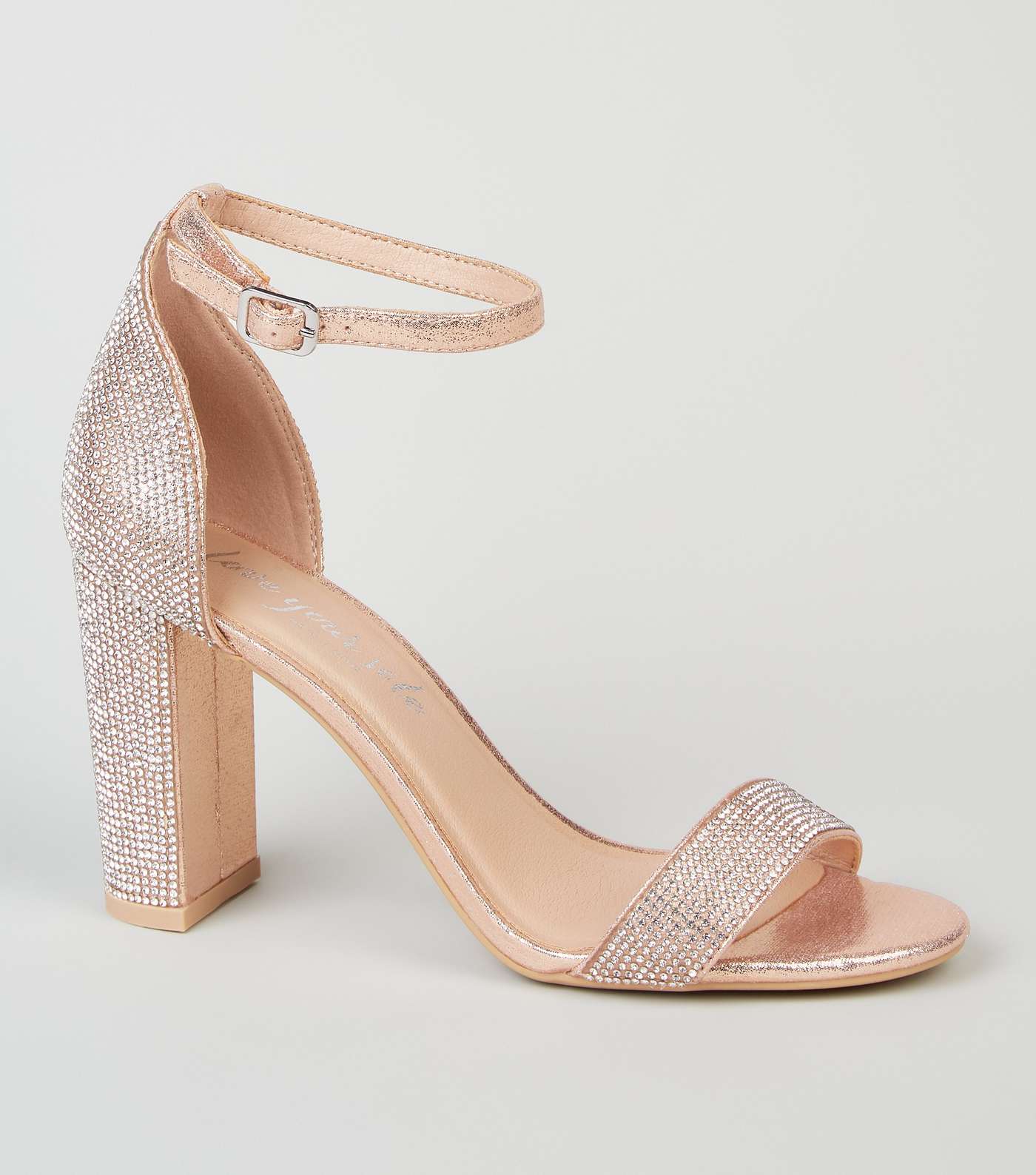 Rose Gold Diamanté 2 Part Block Heel Sandals