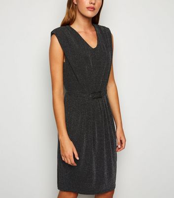 Image of Mela Silver Glitter Belted Dress New Look