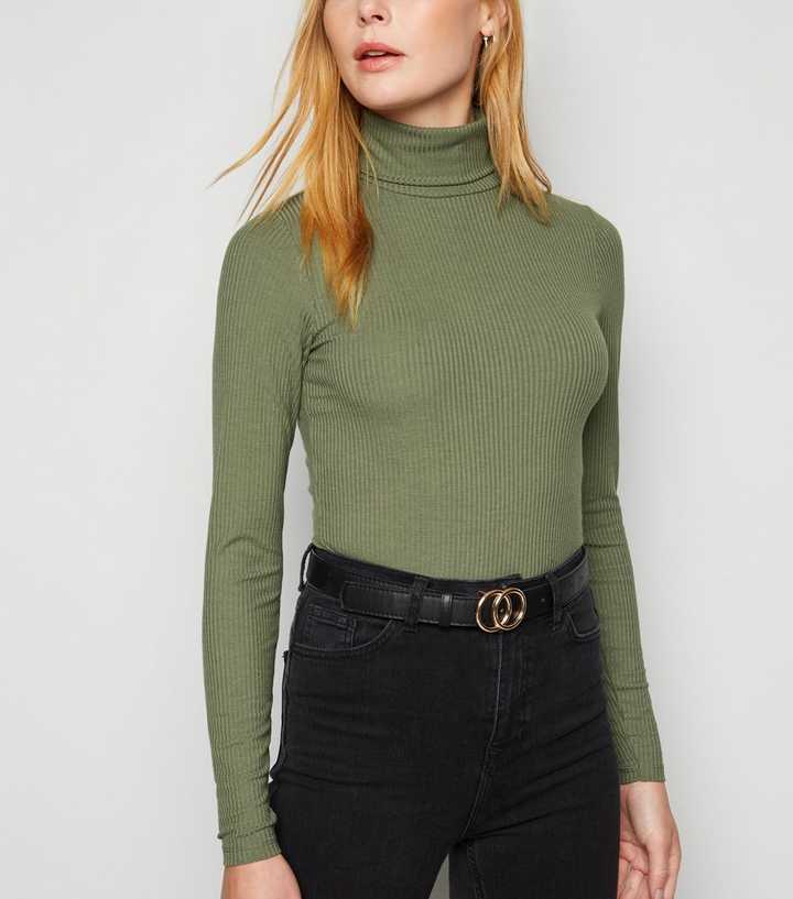 Khaki Ribbed Roll Neck Bodysuit