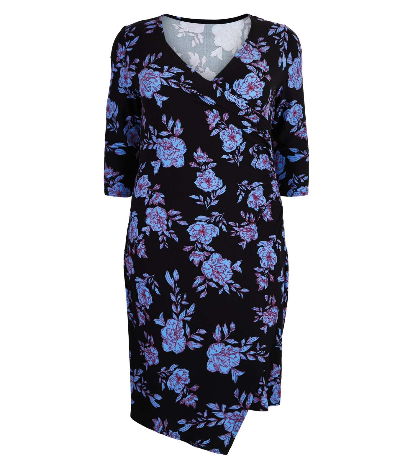 Blue Vanilla Curves Blue Floral Ruched Wrap Dress Image 4