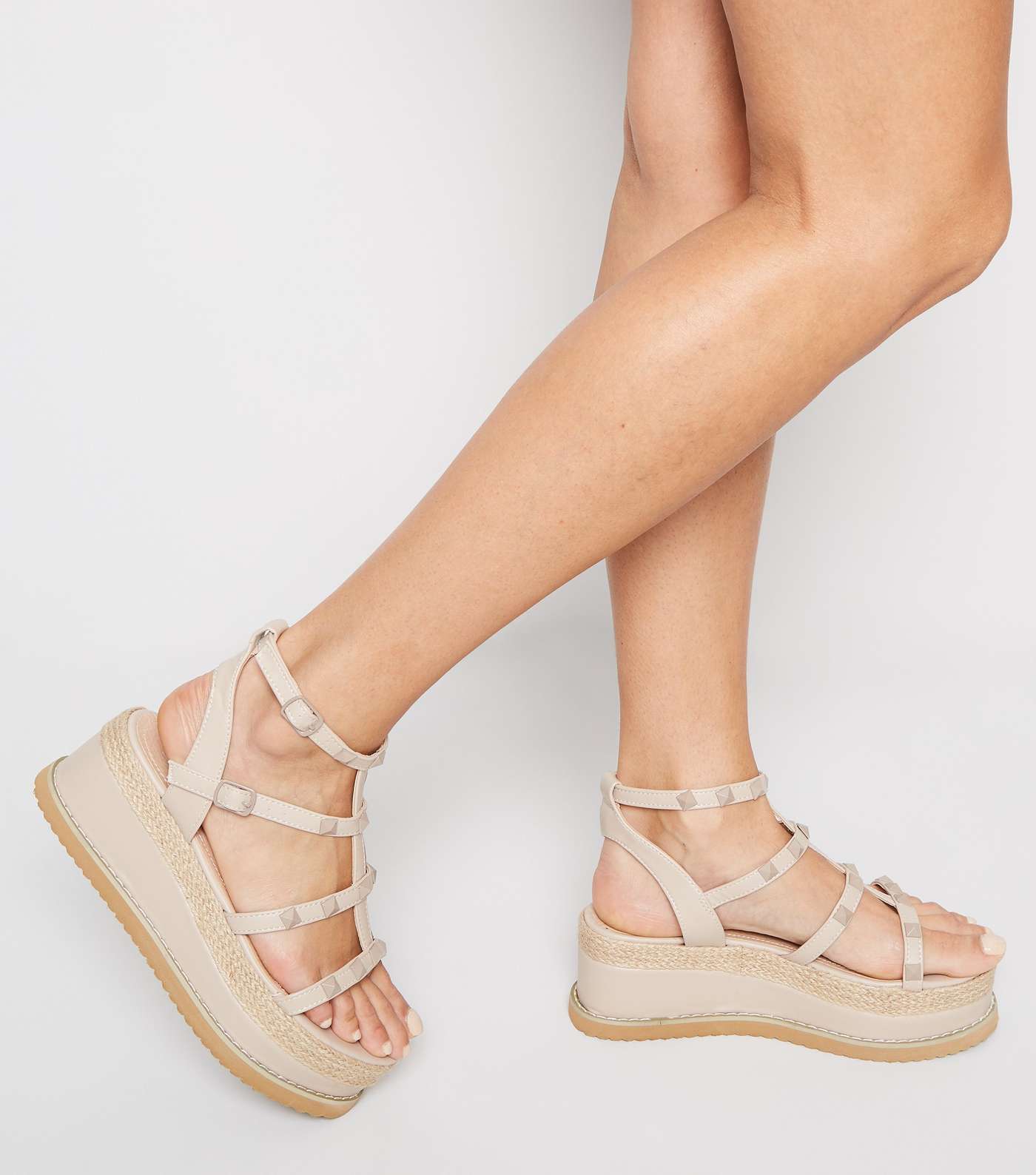 Cream Stud Strap Flatform Gladiator Sandals Image 2