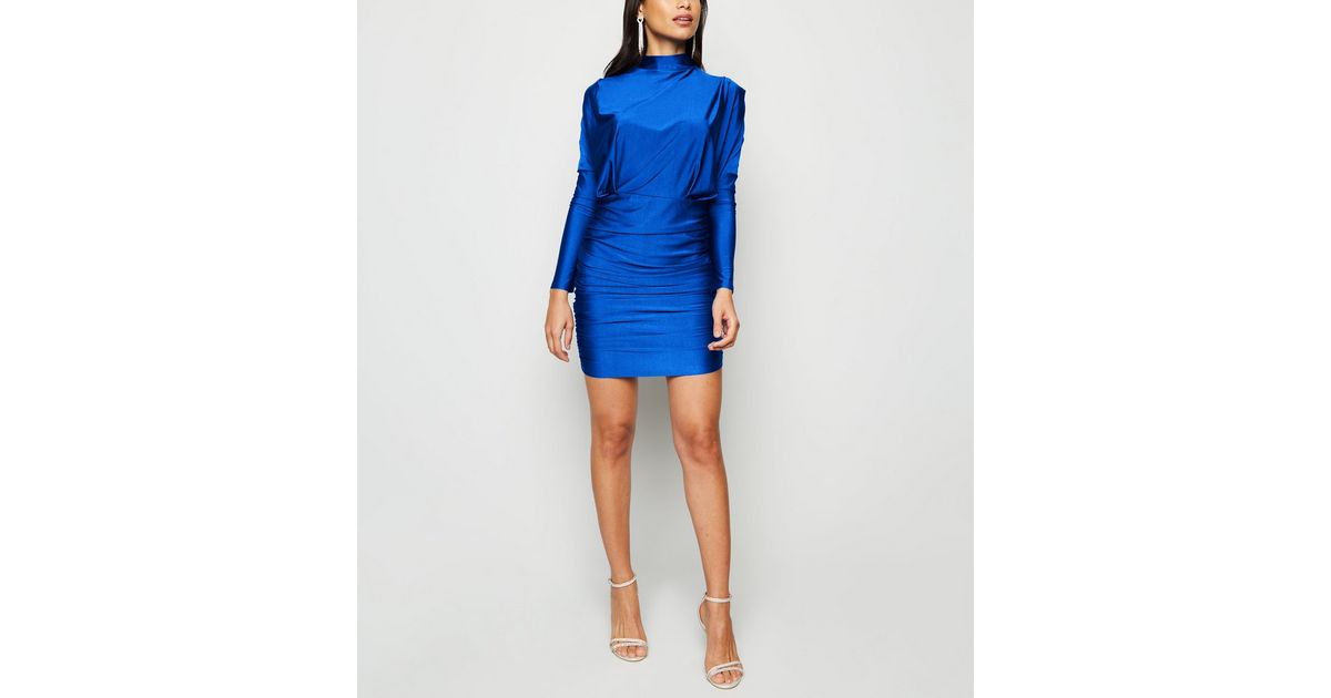 Ax Paris Bright Blue Ruched High Neck Dress New Look