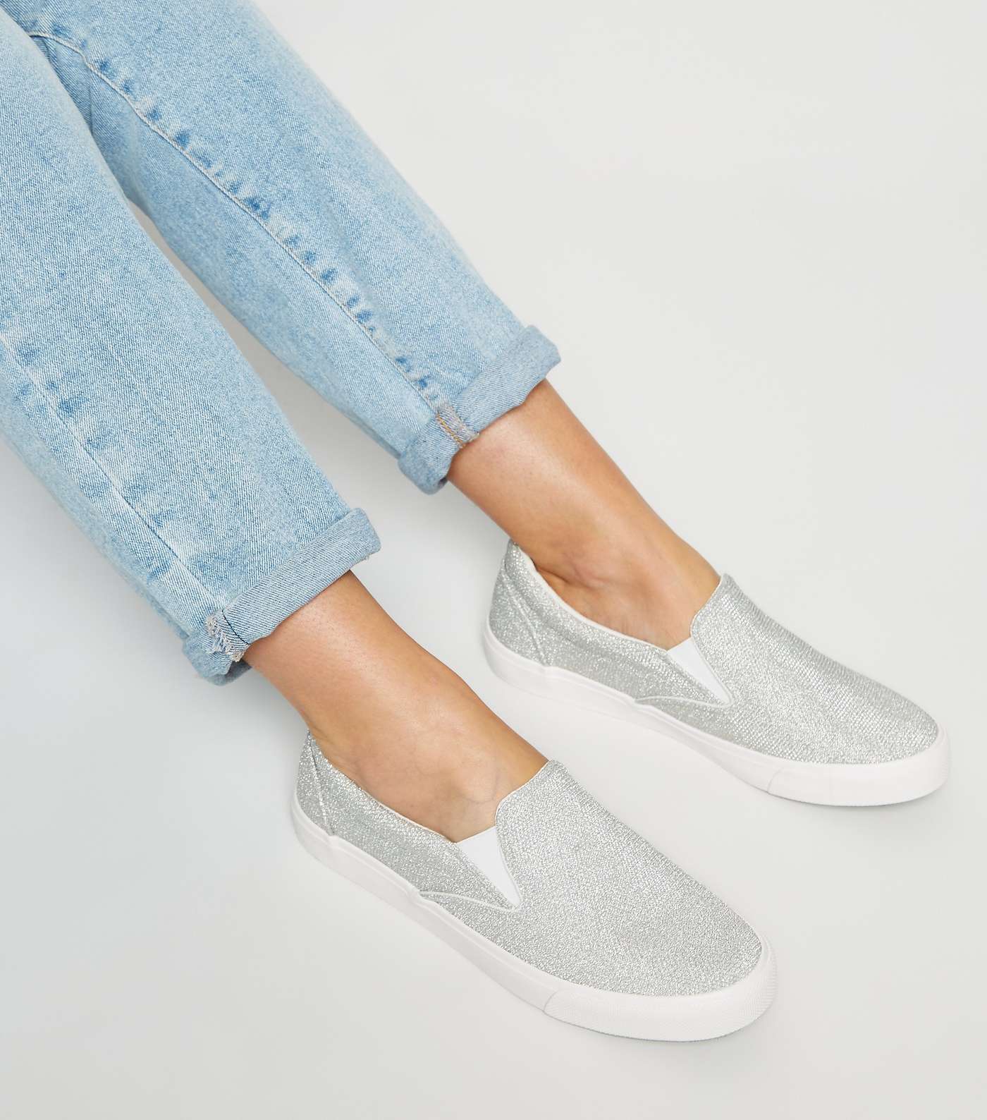 Silver Glitter Slip On Trainers Image 2