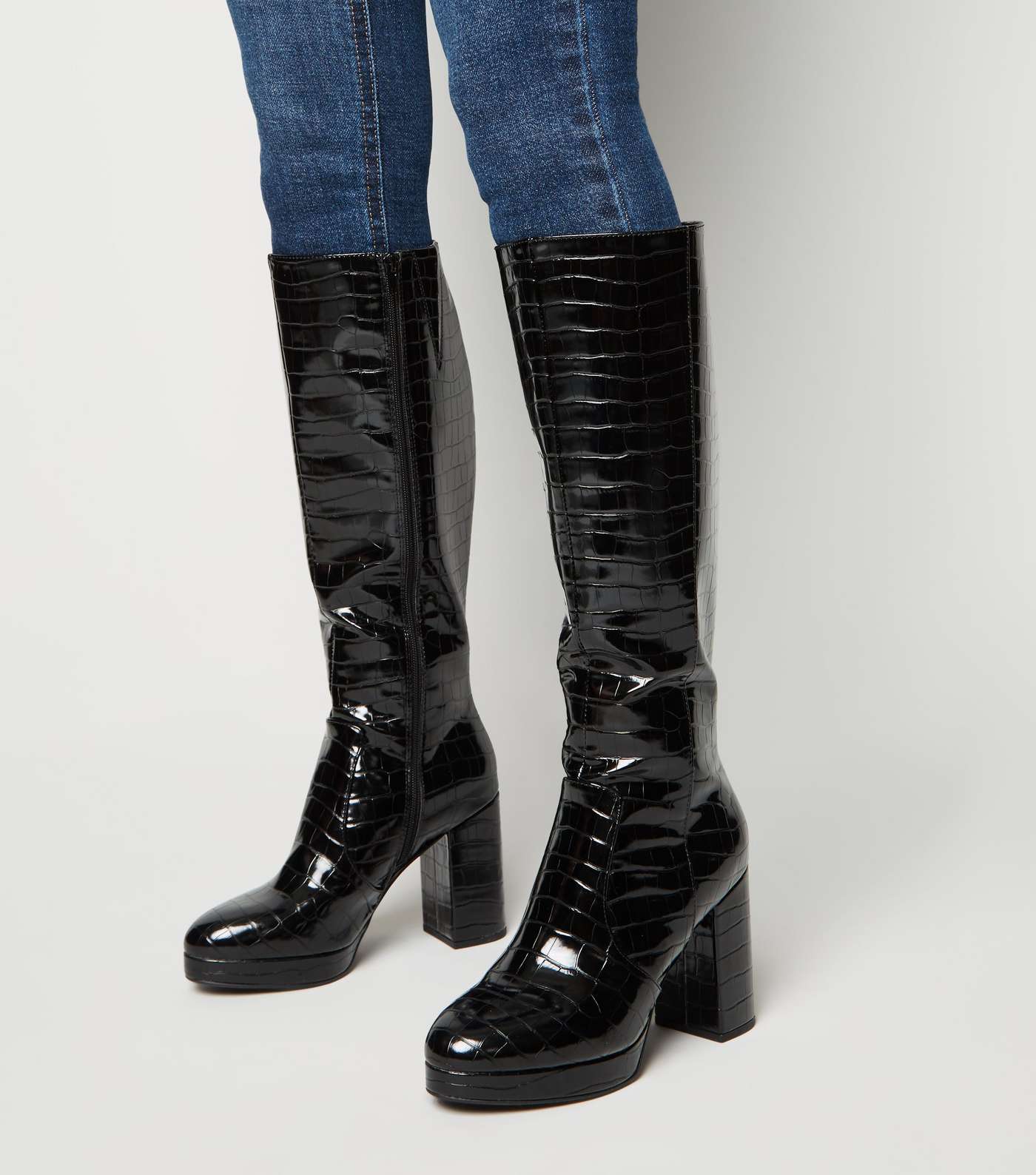 Black Patent Faux Croc Heeled Knee High Boots Image 2
