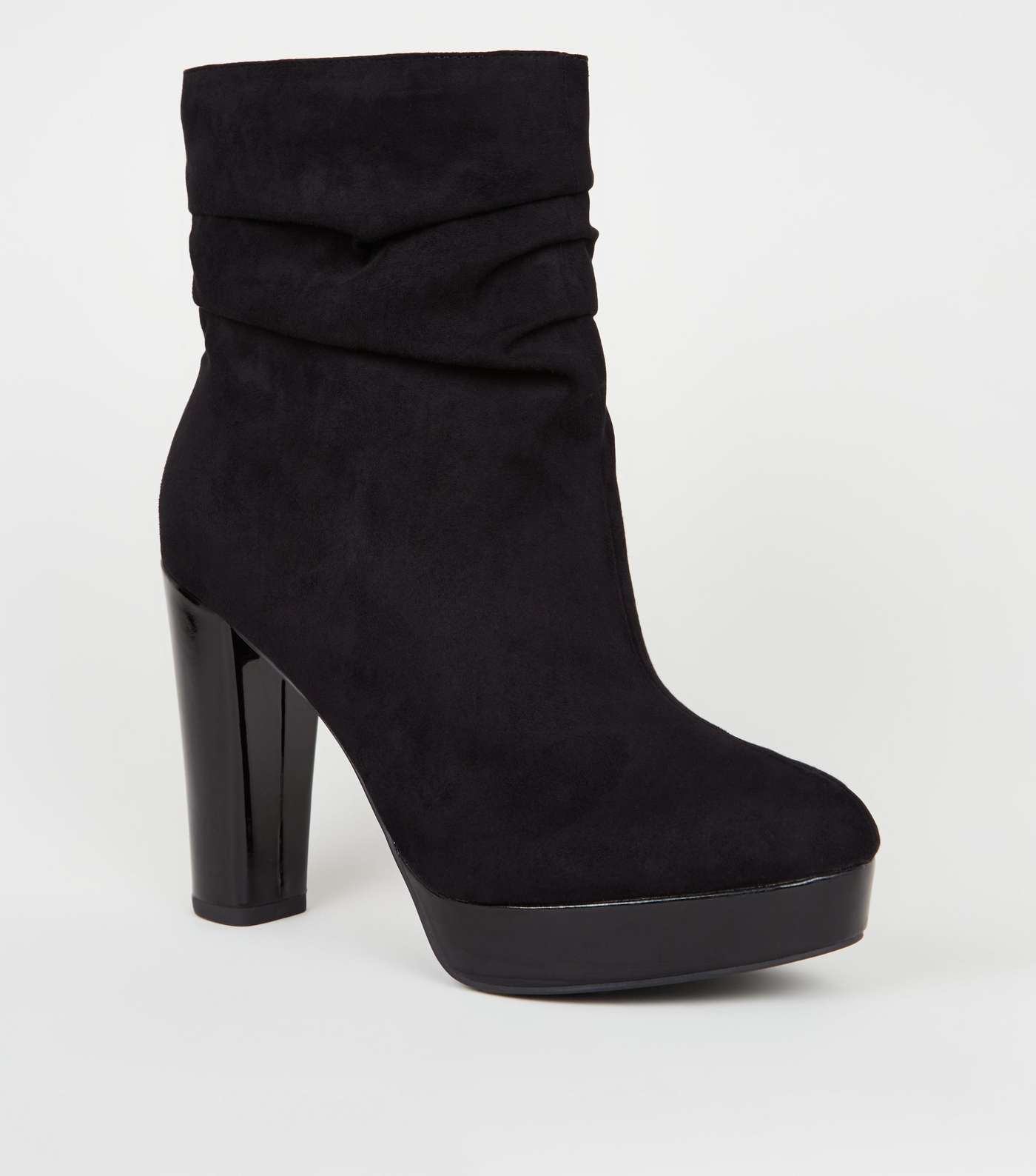 Wide Fit Black Suedette Slouch Heeled Calf Boots