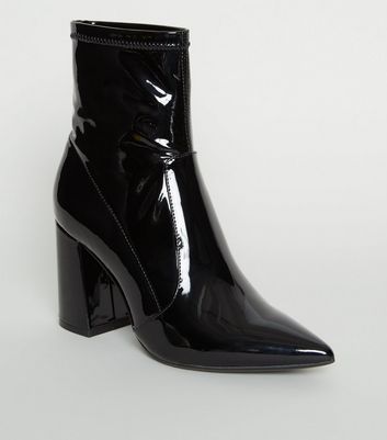 Black Patent Pointed Block Heel Boots 