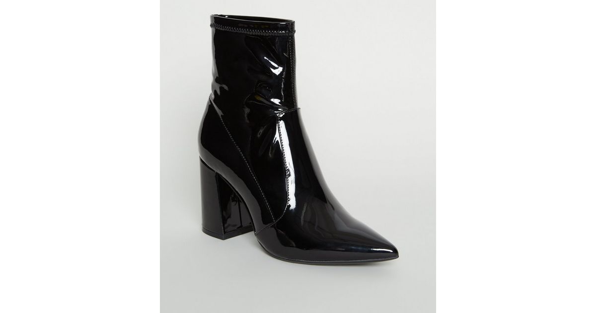 Black Patent Pointed Block Heel Boots | New Look