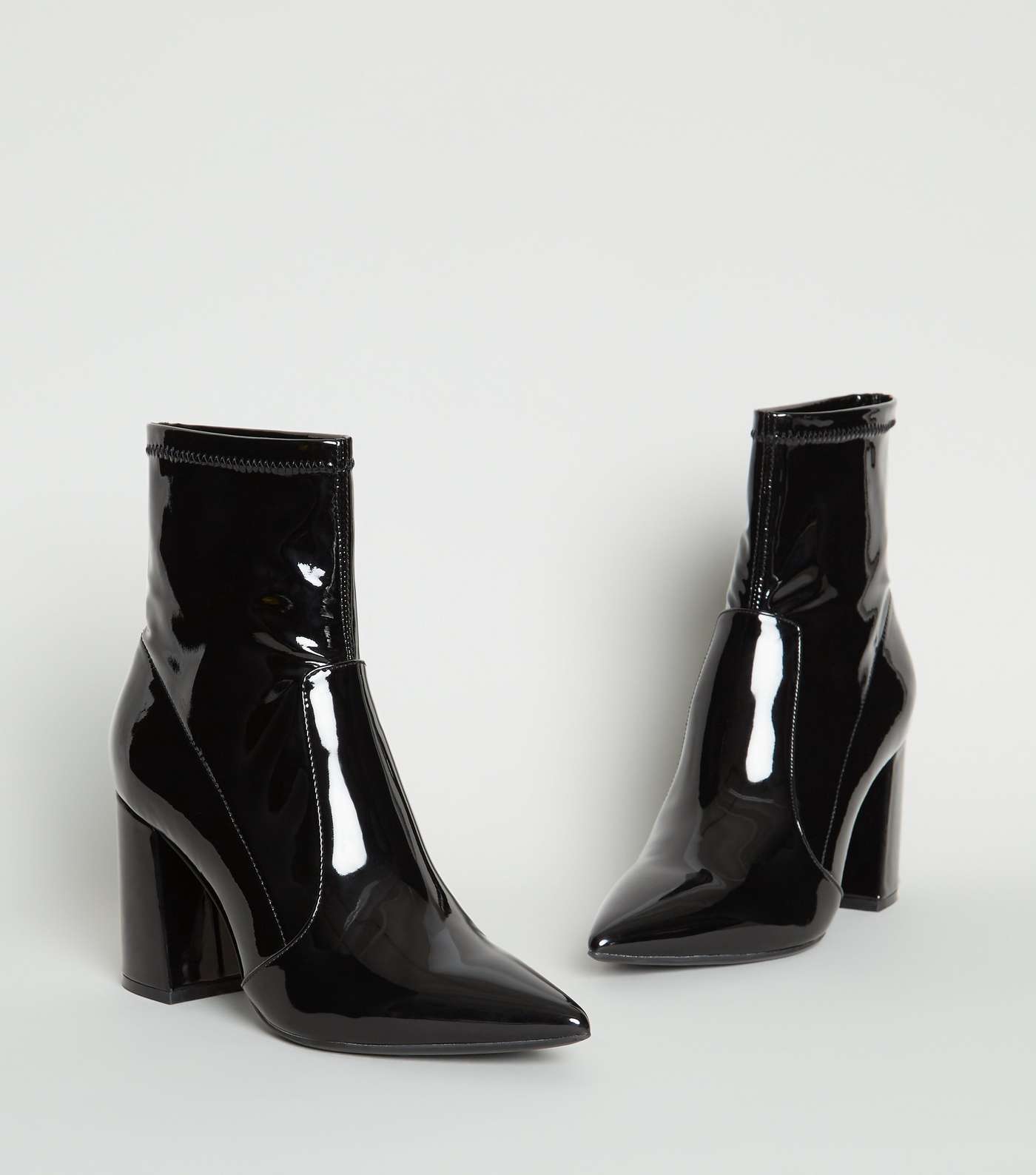 Black Patent Pointed Block Heel Boots Image 3