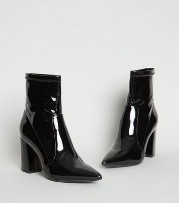 Black Patent Pointed Block Heel Boots 