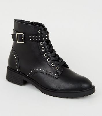 Black Leather-Look Studded Lace Up 