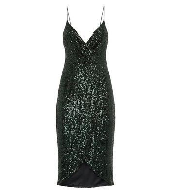 Image of Blue Vanilla Dark Green Sequin Wrap Dress New Look