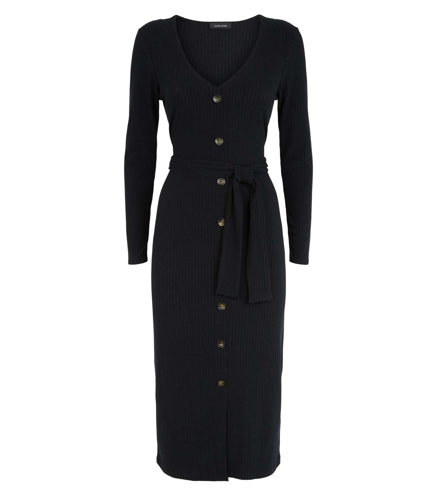 Black Ribbed Button Belted Midi Dress Image 4