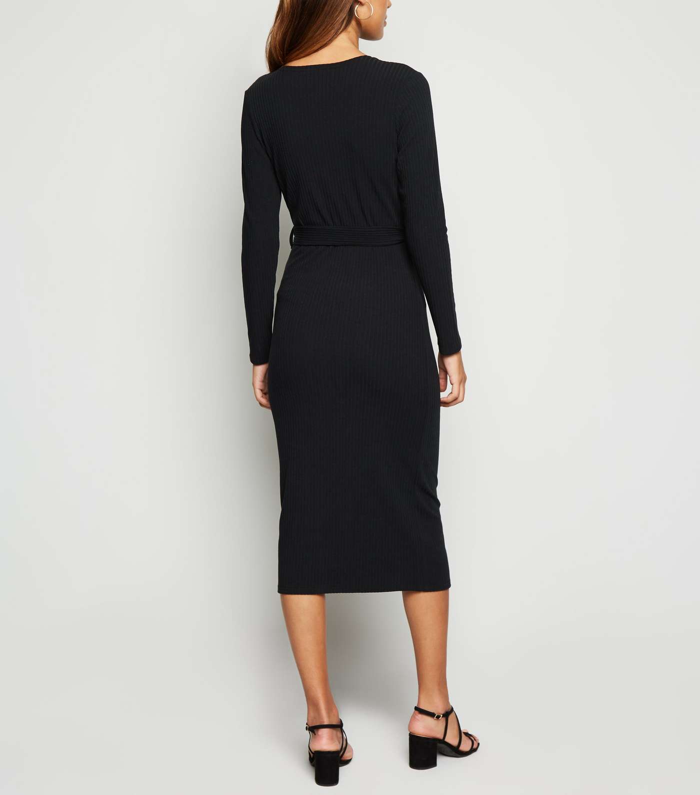 Black Ribbed Button Belted Midi Dress Image 2