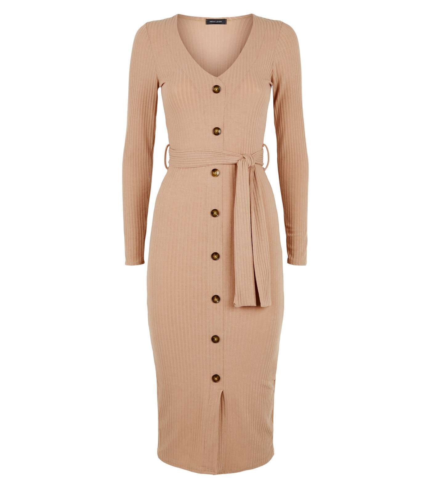 Stone Ribbed Button Belted Midi Dress Image 4