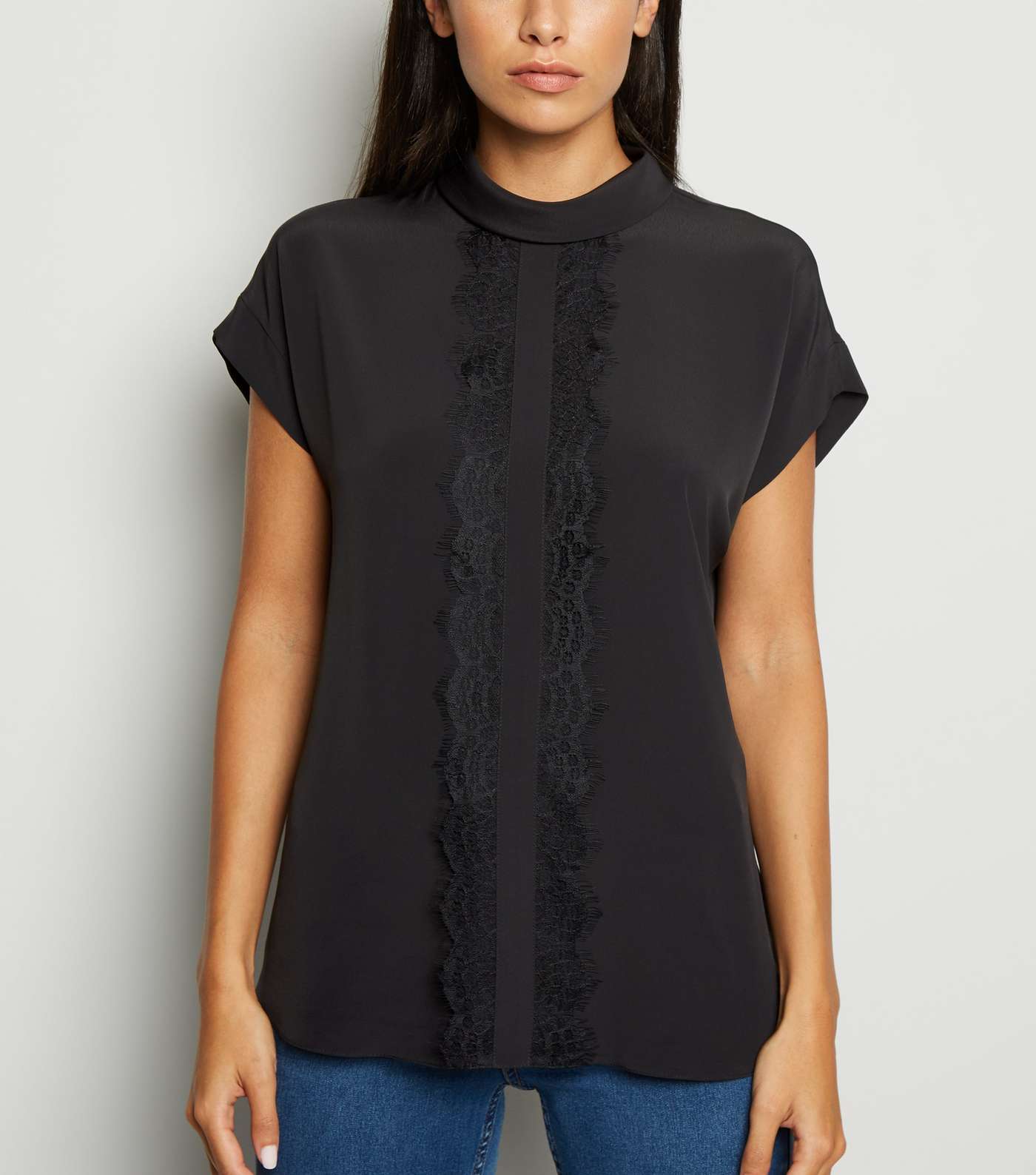 Black Lace Panel Roll Neck Top