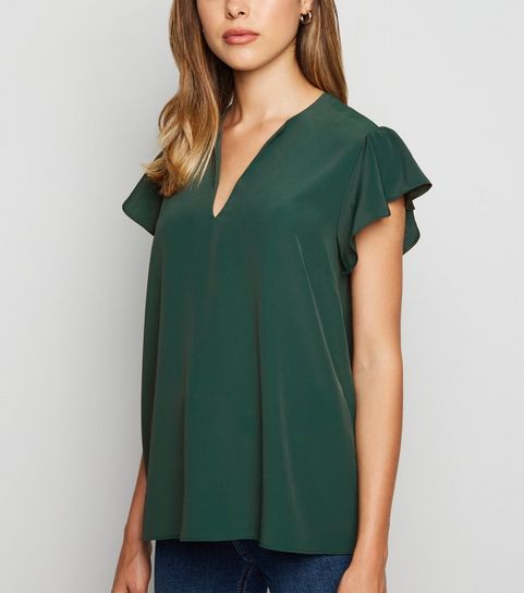 Dark Green V Neck Flutter Sleeve Blouse 