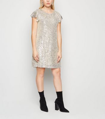 Petite Gold Sequin Flutter Sleeve Dress 