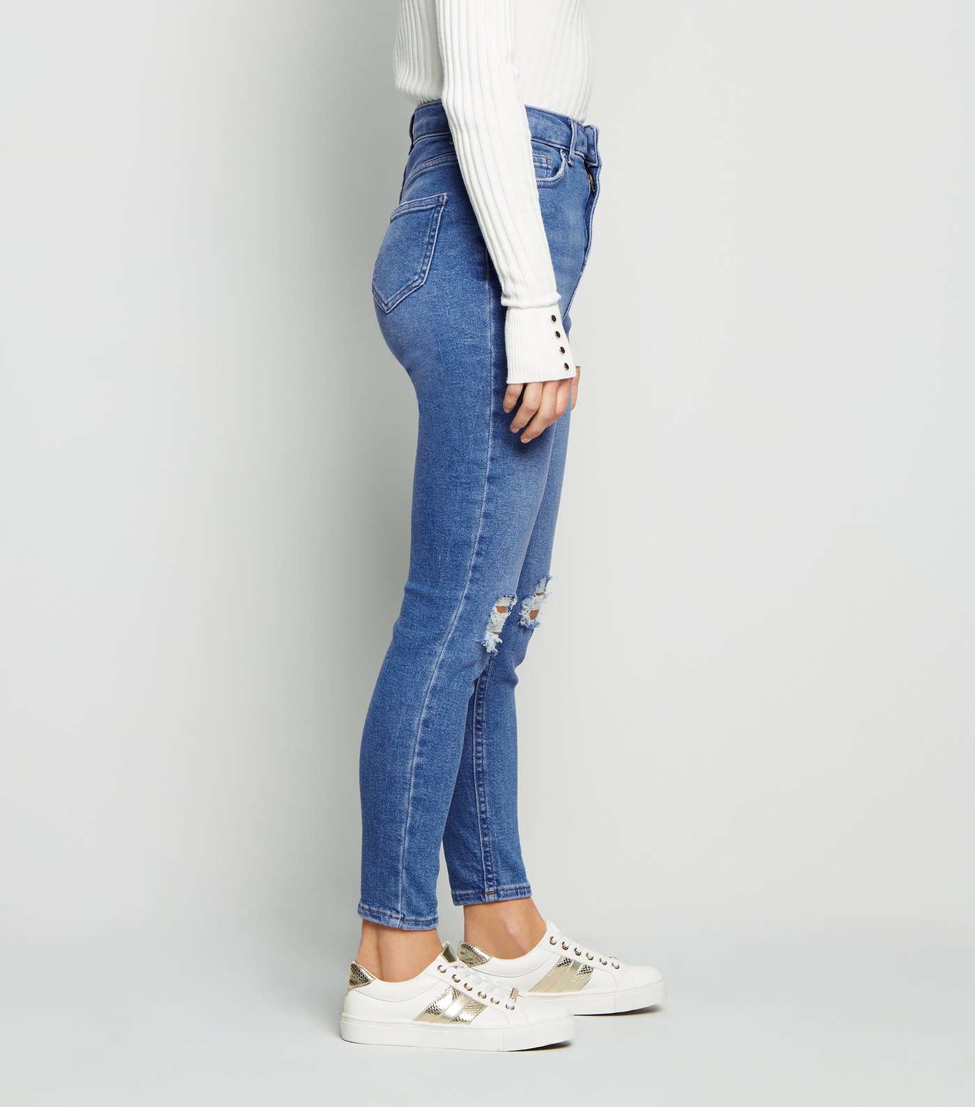 Petite Bright Blue Ripped High Waist Jeans Image 5