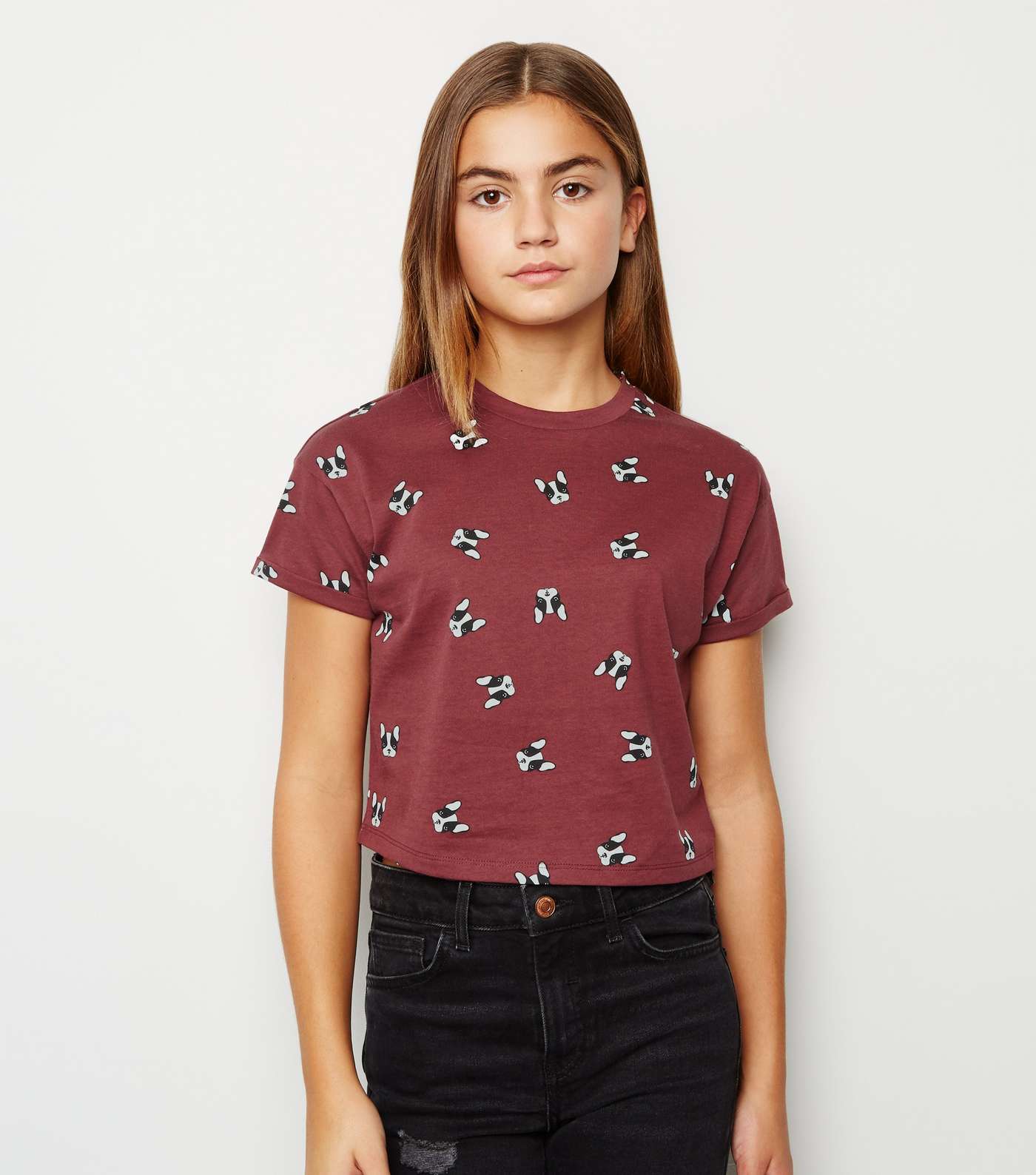 Girls Burgundy Frenchie Rose Print T-Shirt