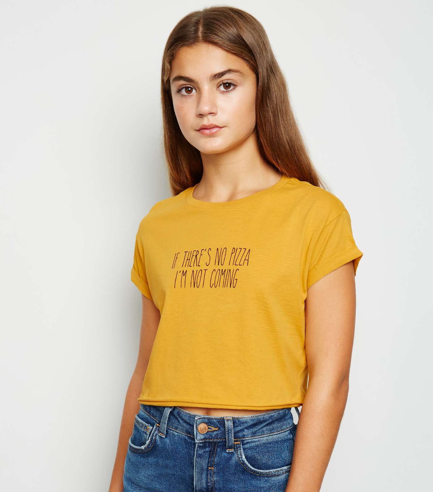 Girls Mustard No Pizza Slogan T-shirt