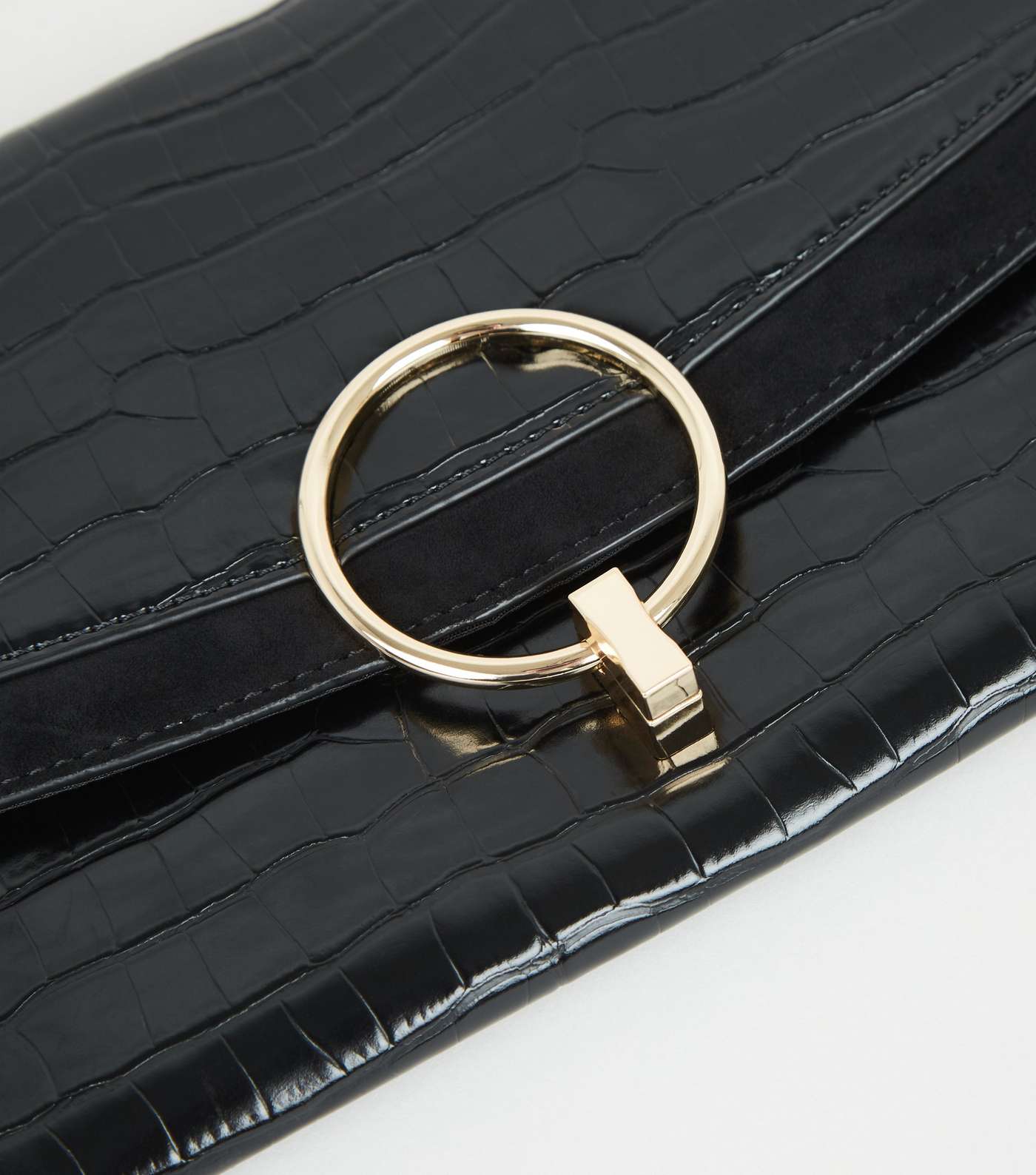 Black Patent Faux Croc Ring Clutch Bag Image 4