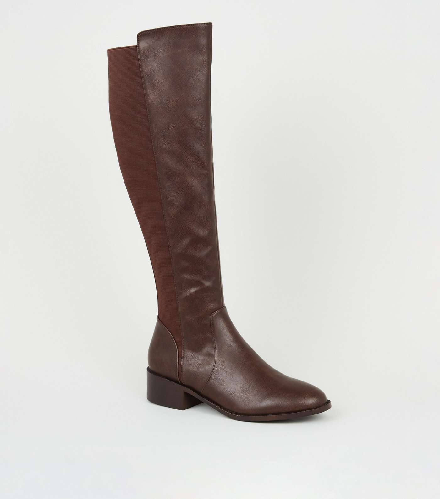 Dark Brown Leather-Look Flat Knee High Boots