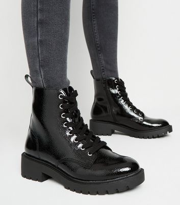 Girls Black Patent Chunky Lace Up Boots 