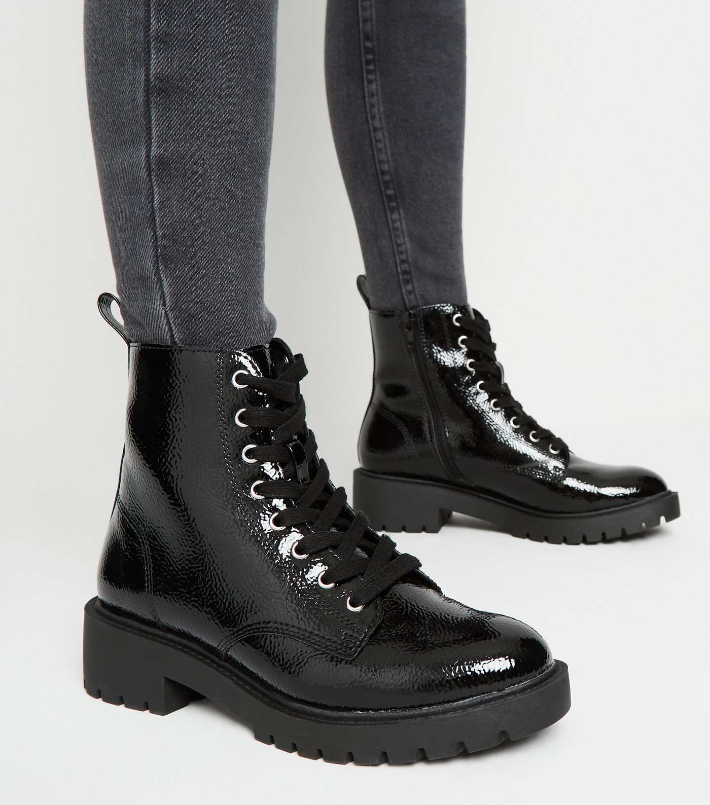 Girls Black Patent Chunky Lace Up Boots Image 2