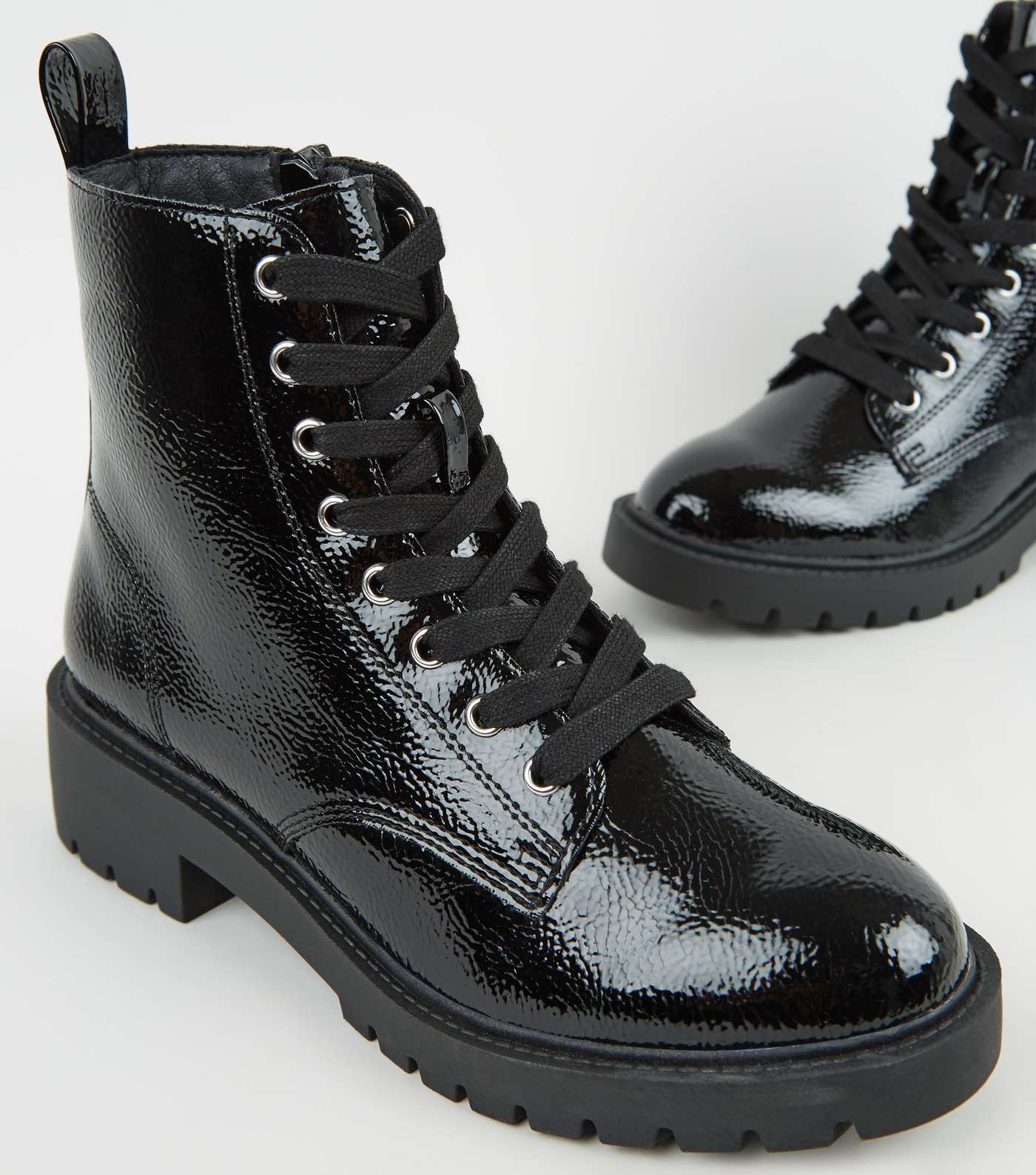 Girls Black Patent Chunky Lace Up Boots Image 4