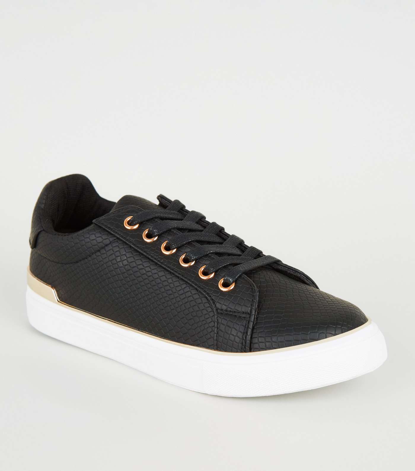 Black Leather-Look Faux Snake Lace Up Trainers