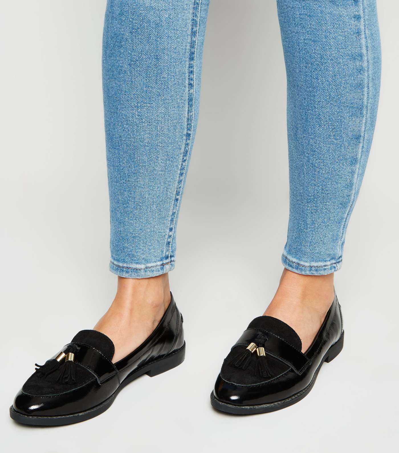 Black Suede and Leather Tassel Trim Loafers Image 2