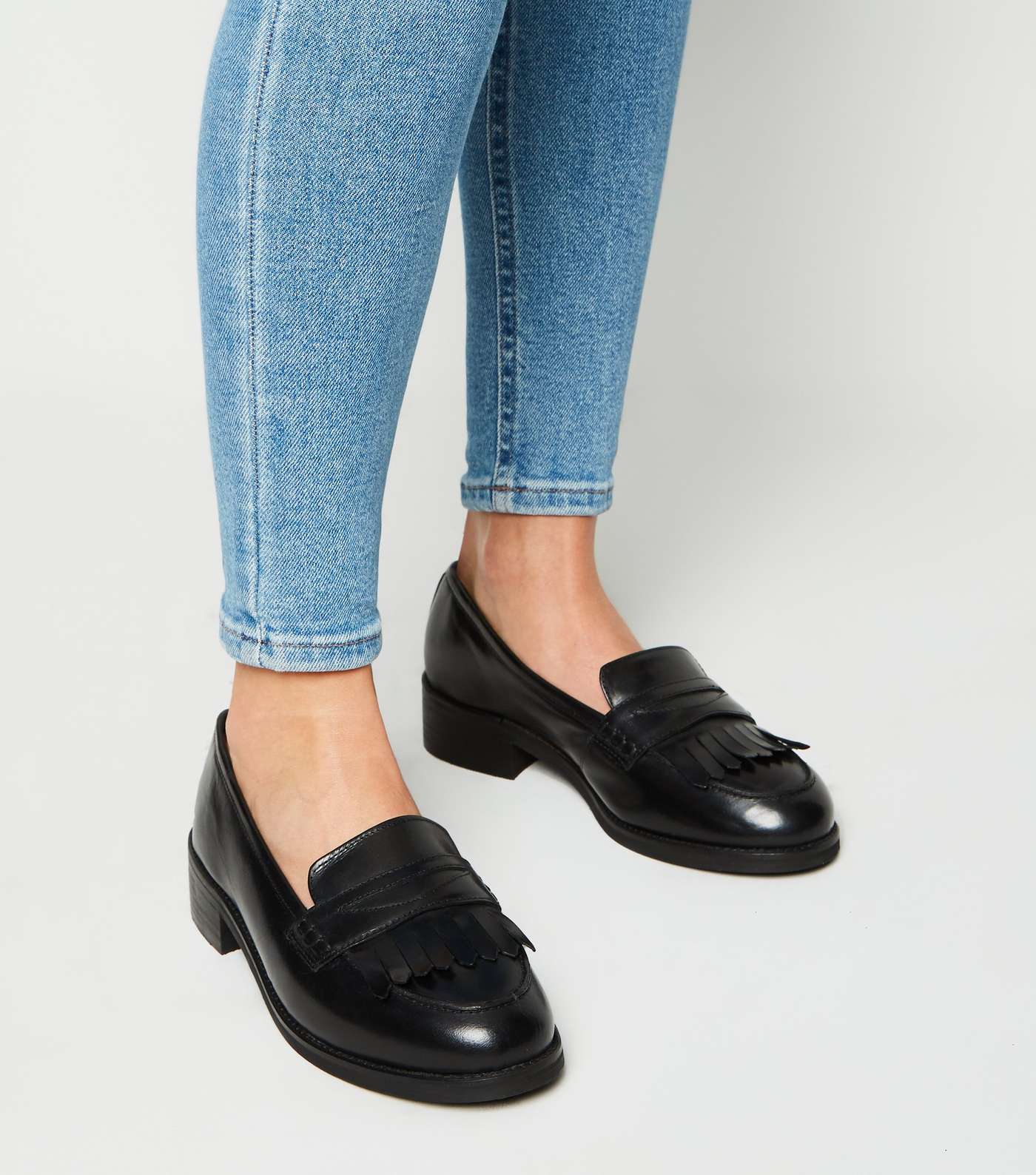 Wide Fit Black Leather Fringe Loafers Image 2